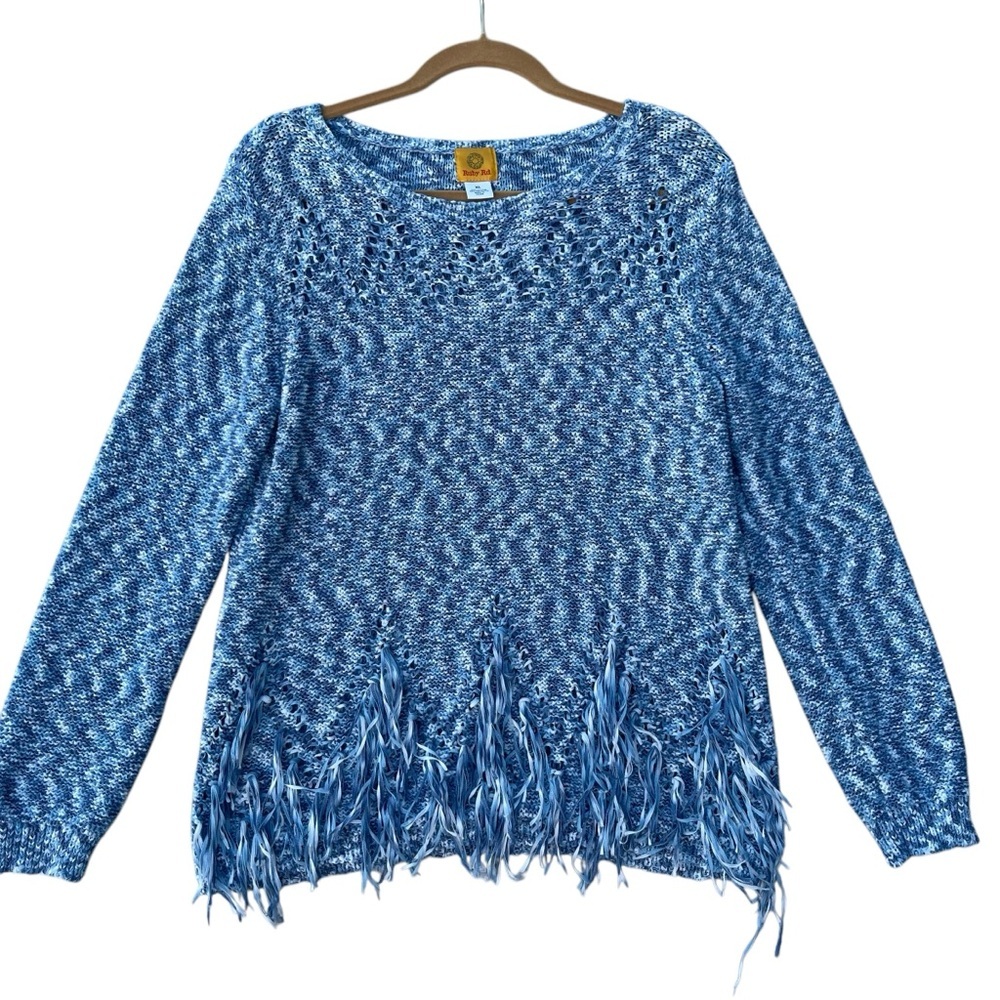 Ruby Rd. Women's XL Blue Fringe Knit Pullover Sweater Long Sleeve